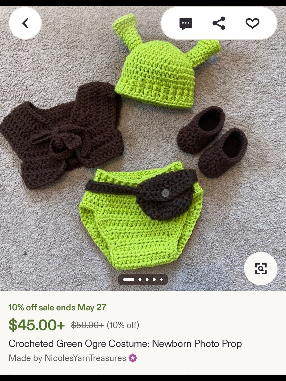 Handmade Crocheted Shrek Green Ogre Newborn Costume Set